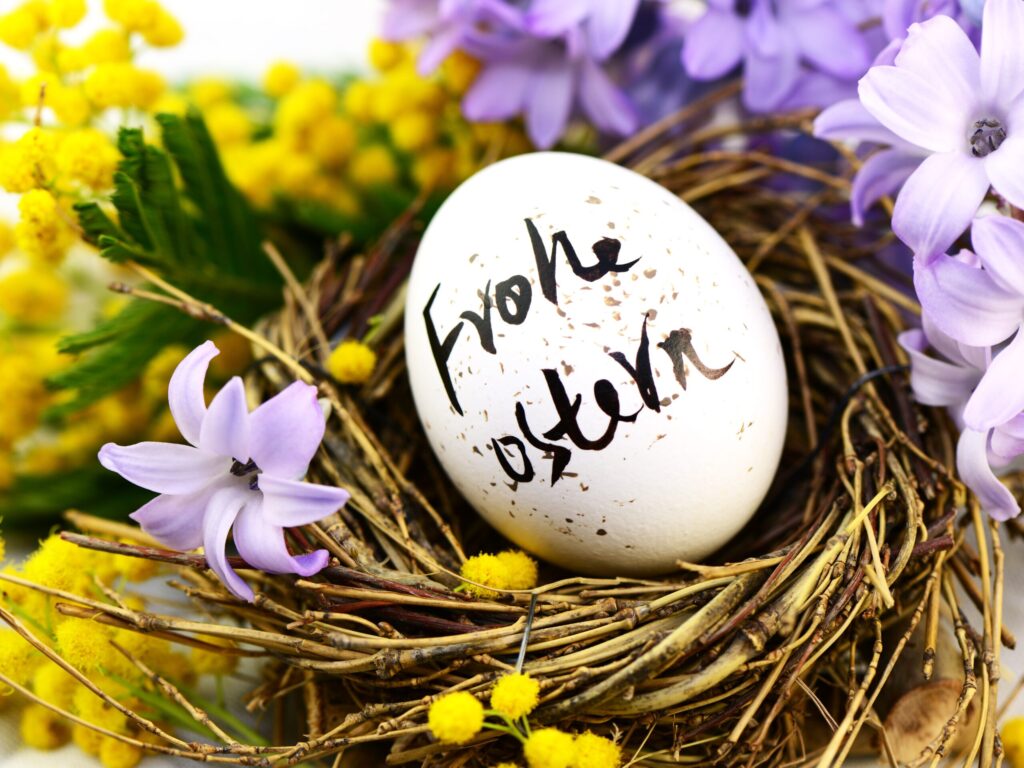 In einem kleinen Nest aus dünnen Ästen ist ein Ei drin, wo frohe Ostern drauf geschrieben ist. Im Hintergrund sind viele bunte Blumen.