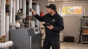Ein Traimmo Mitarbeiter übernimmt Hauswart-Arbeiten an einer Liegenschaft.