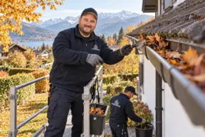 Ein Mitarbeiter der Traimmo AG entfernt heruntergefallenes Laub aus der Dachrinne.